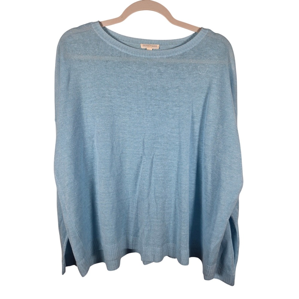 Eileen Fisher Sweater Women PL Blue 100% Organic Linen Boxy Knit Lightweight
